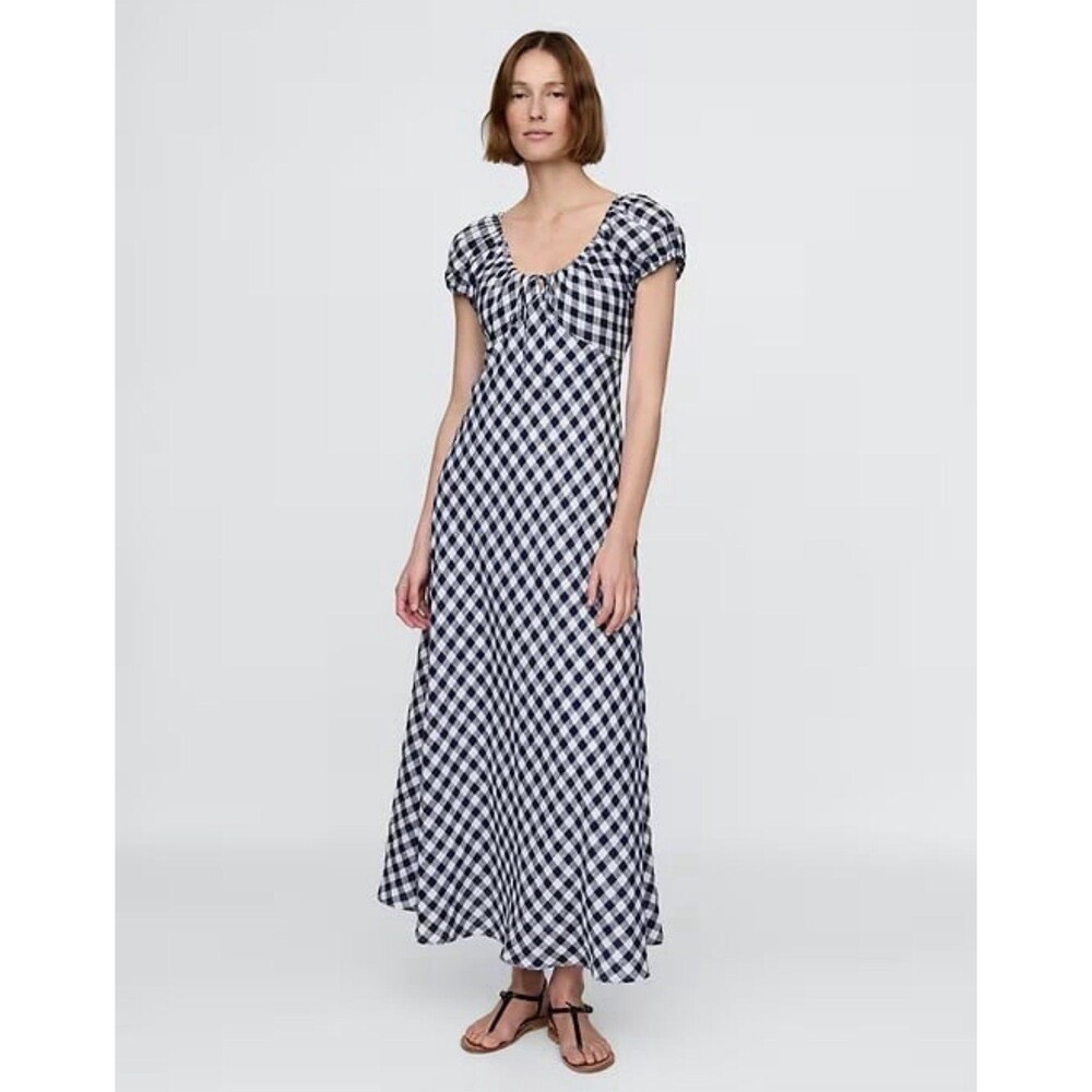 Gap × DÔEN 100% Linen Navy Blue/White Gingham Check Midi/Maxi Dress Empire XS